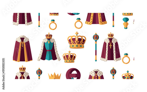 succession motifs seamless pattern, crowns, scepters, family crests, rings, ceremonial robes and royal symbols arranged in a repeating pattern, white