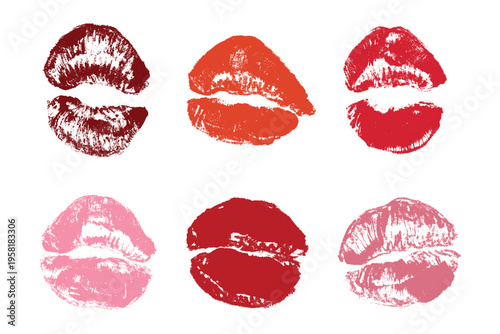 Set of lipstick kiss print Different shapes and colors imprint of lips Red pink female sexy lips makeup Design elements for beauty fashion poster Valentines Day wedding