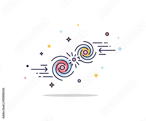 Galaxy collision concept two small spiral galaxies moving toward each other with subtle motion arrows and scattered star particles suggesting dramatic cosmic