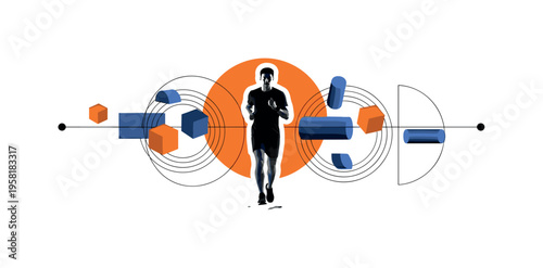 minimalist fitness concept with a black and white athlete jogging in place centered in frame, cut-out with white outline effect, large orange circle behind the