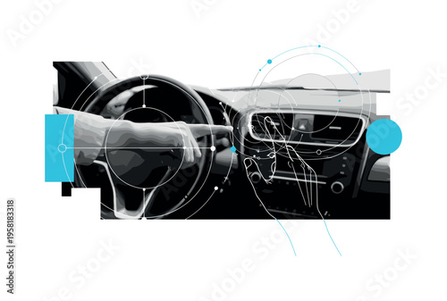 human hand observing dashboard of self-driving car abstract circles lines and geometric shapes representing interaction with autonomous system black and white