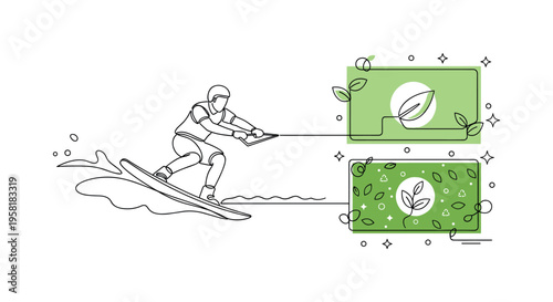 Wakeboarding Action Pose. Minimalistic one-line drawing wakeboarder leaning and carving across water surface, continuous single black line on white background,