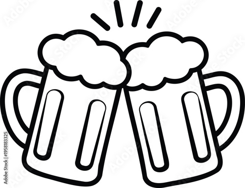 Toasting beer mugs line art two glasses of ale clinking together celebration party concept