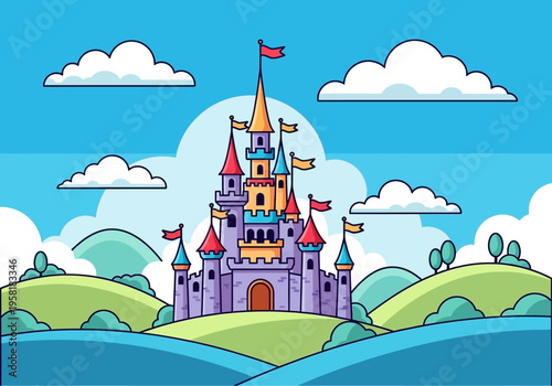 Fairytale Castle with Towers and Flags Under a Blue Sky.
