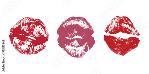 Set of lipstick kiss print Different shapes and colors imprint of lips Red pink female sexy lips makeup Design elements for beauty fashion poster Valentines Day wedding