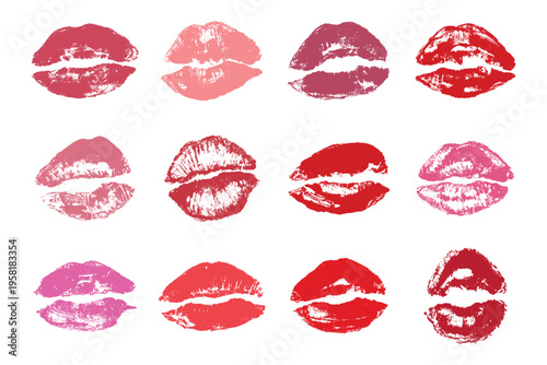 Set of lipstick kiss print Different shapes and colors imprint of lips Red pink female sexy lips makeup Design elements for beauty fashion poster Valentines Day wedding