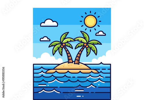 Tropical Island Paradise with Palm Trees and Ocean Waves.