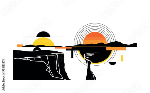 sunset over cliff with distant mountains abstract semicircles lines and geometric blocks symbolizing serene cliff-side scenery black and white retro landscape