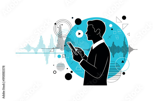 student practicing speaking with language app abstract circles lines and geometric shapes representing auditory and digital language learning black and white