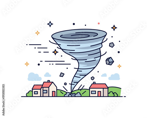 Tornado disaster moment with a swirling funnel cloud touching down near a simple landscape and houses. Motion lines and small debris icons highlight the