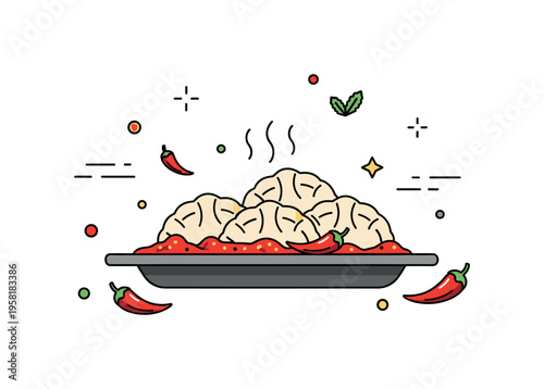 Spicy dumplings plate steamed dumplings served with chili oil sauce, tiny pepper icons and aromatic steam lines creating a warm flavorful scene. The