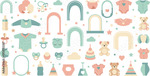 Baby Elements and Rainbow Shapes Vector Set with Infant Clothes Toys Pacifiers Bottles and Cute Nursery Decorations for Kids Design.