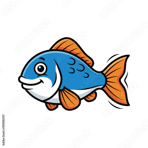 A blue and orange cartoon fish swimming to the left