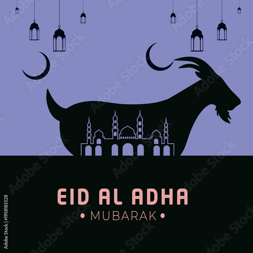 An artistic silhouette captures the spirit of Eid al-Adha, with symbolic representations of the holiday including a goat, mosque, lanterns, and crescent moons.