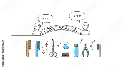 Conversation Pathway. Minimalistic one-line drawing speech bubbles creating linear bridge path between two figures representing connected discussion,