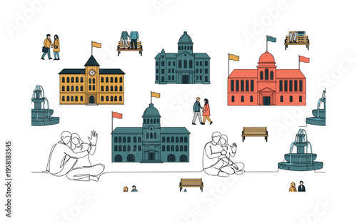 town hall square seamless pattern, municipal buildings, fountains, benches, walking citizens, and flags arranged in a repeating pattern, white background with