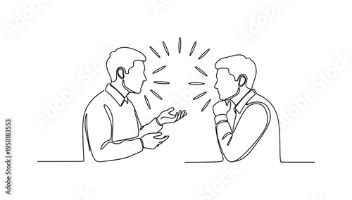 Mutual Understanding. Minimalistic one-line drawing couple talking with soft gesture lines indicating respect for each other?s limits, continuous single black