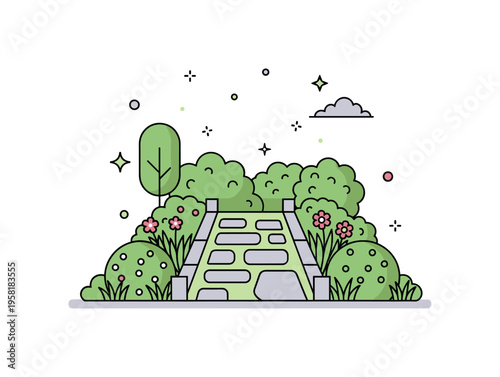 Garden pathway with plants small decorative stone path bordered by bushes and flowering plants guiding the viewer through a tidy garden space. The composition