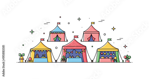Outdoor artisan market showing colorful tents with handmade crafts, small decorative stars and subtle motion accents conveying a cheerful, communal vibe.