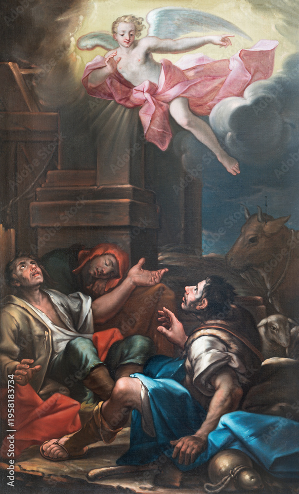 Obraz premium BERGAMO, ITALY - MARCH 18, 2026: The painting of Revelation of angel to shepherds in church Chiesa di Santo Spirito by Marco Olmo (1683 - 1753).