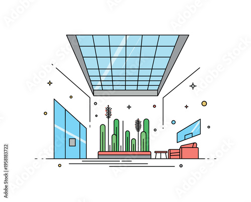 Modern building atrium centered on a large skylight above a simple indoor garden with tall plants and a small seating area. The peaceful composition suggests