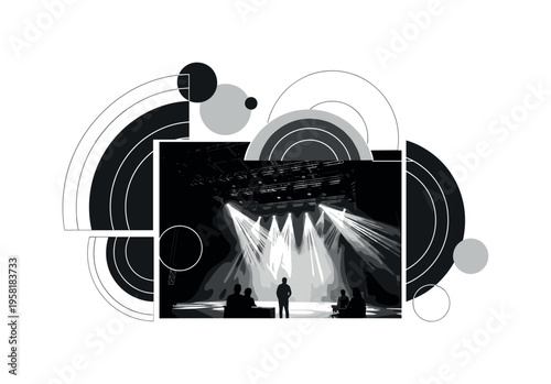 stage lighting and effects, geometric semicircles circles and abstract shapes representing spectacle and energy, black and white retro realistic lighting setup