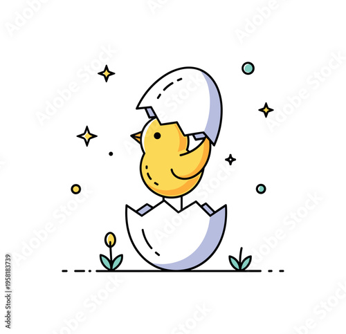 Cute chick birth scene where a small chick lifts the top half of an eggshell like a tiny hat while standing in the bottom shell. The charming composition