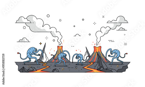 Infernal wasteland populated by eerie twisted creatures with long limbs moving across sharp volcanic terrain. Glowing cracks in the earth and curling smoke