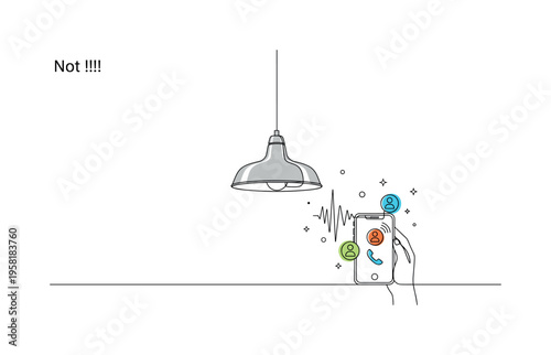 Metallic Pendant Light. Minimalistic one-line drawing hanging pendant light with sleek metallic shade used as interior accent lighting, continuous single black