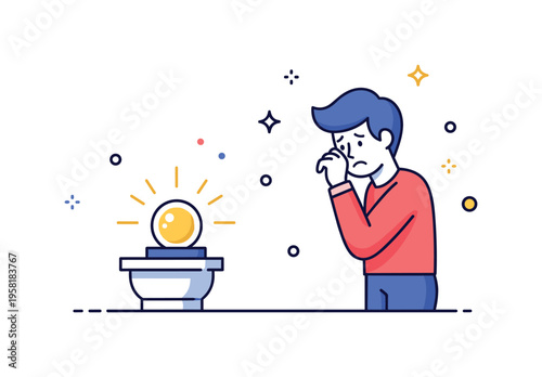 Fear of loss visual metaphor with a delicate glowing object balanced on the edge of a small pedestal while a worried figure watches closely. The tense moment