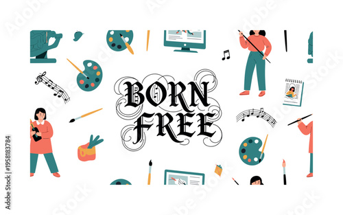 Born Free. lettering and all elements in black. Vector style. AWhite background. Pure white background. Perfect isolation and visual consistency.