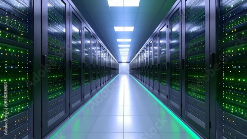 A long, symmetrical server room hallway with rows of data storage units, emitting green light