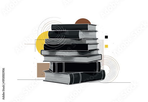 stack of old books with dust particles floating abstract semicircles lines and geometric blocks symbolizing neglected knowledge black and white retro book