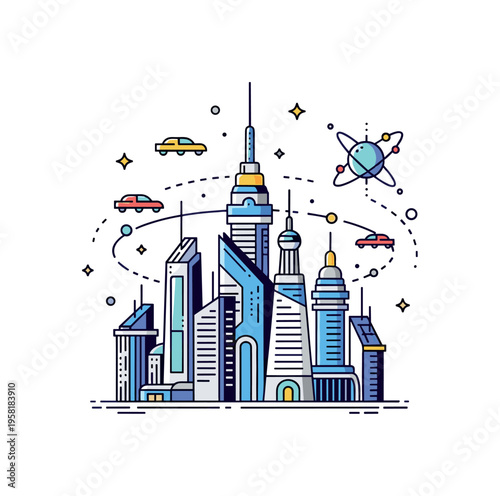 Advanced space metropolis centered on a cluster of futuristic towers with hovering vehicles circulating above them and a small orbital station icon nearby. The