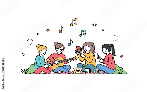 Picnic music gathering small group sitting on the grass sharing a guitar and shaker while notes float above like a playful melody. Relaxed outdoor moment