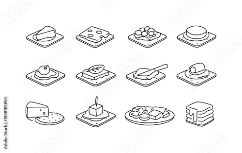 Cheese and Cracker Appetizers. Minimalistic set one-line drawing cracker with camembert slice, cracker with swiss cheese hole, cracker with blue cheese