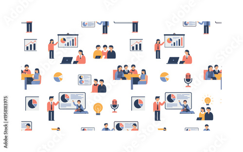startup pitch event seamless pattern, entrepreneurs presenting ideas investors listening charts laptops and microphones arranged in a repeating pattern, white