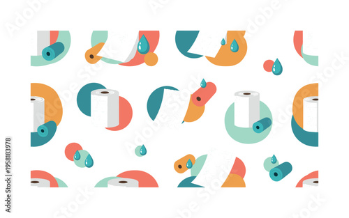 Absorbent paper towels seamless pattern, textured paper sheets drops splashes and roll icons arranged in a repeating pattern, white background with teal coral