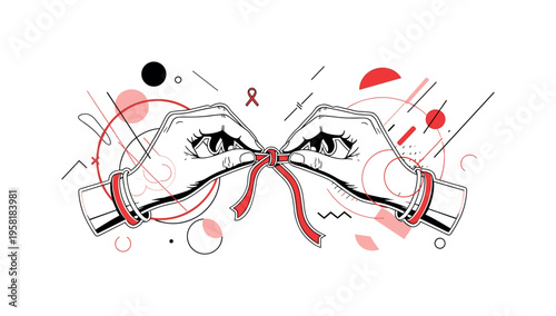 two hands tying a ribbon knot abstract circles lines and geometric shapes representing promise and devotion black and white retro hands with white outline