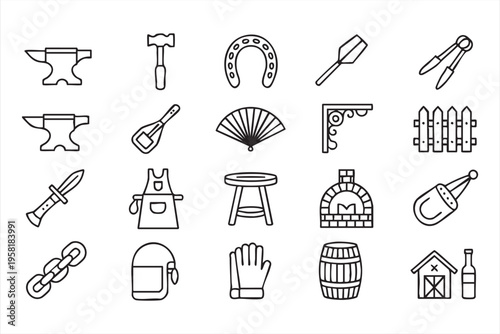 Craft Workshop Icons Featuring Metal Tools and Artisan Equipment