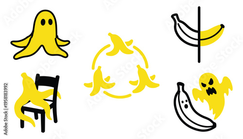 Funny banana peel ghost and fruit recycling icons set