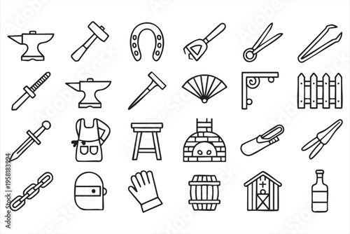 Blacksmith Tools Icon Set with Anvil Hammer and Forge Outline Style