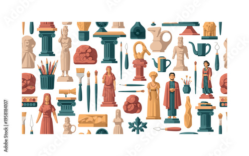 detailed figurines seamless pattern, small sculptures, clay models, paintbrushes, pedestals, carving tools and artistic accessories arranged in a repeating