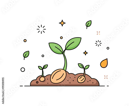 Seeds sprouting seeds in soil with tiny green shoots emerging representing growth, renewal, and potential life. Decorative spark icons and tiny leaf and seed