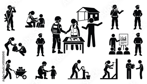 Military and Humanitarian Aid Worker Stick Figure Icon Set