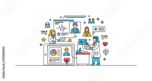 Digital Health Monitoring. Minimalistic one-line drawing tablet showing health charts and metrics with patient and doctor in virtual consultation, continuous