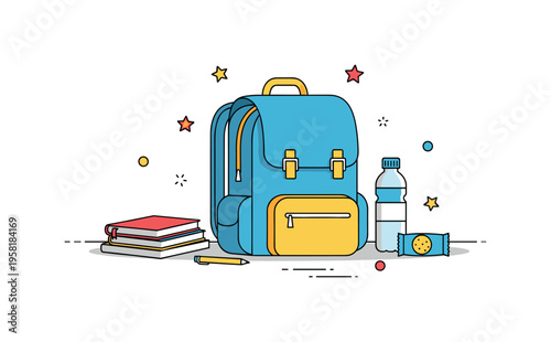 School trip packing moment with an open backpack on the floor while notebooks, a water bottle, and a small snack are neatly arranged nearby. Cheerful