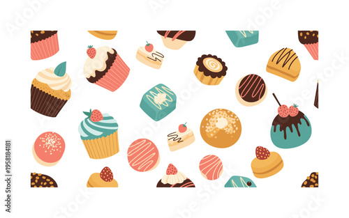 decorated cakes and buns seamless pattern, repeating pattern, surface design, textile print, modern illustration of muffins with frosting, petit fours, and