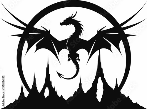 Mythical Dragon Silhouette Flying Over Jagged Mountains in Circular Sun Frame Minimalist Fantasy Vector Illustration for Gaming Esports Branding and T-Shirt Design