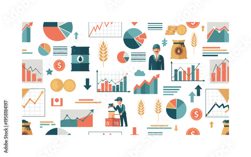 financial commodity market seamless pattern, charts, traders, barrels, coins, grain sacks, graphs and trend symbols arranged in a repeating pattern, white